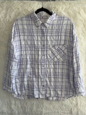 Bê Cool Womens Linen-Blend Plaid Shirt M/L Purple Coastal Grandma Cottagecore